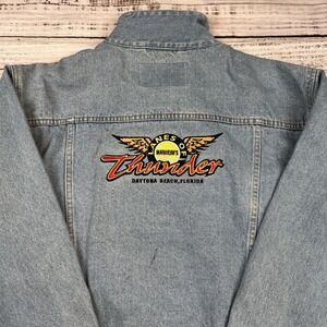 VTG Manheims Denim Jacket Daytona Auto Dealers Exchange Leather Sz 2XL Type 3